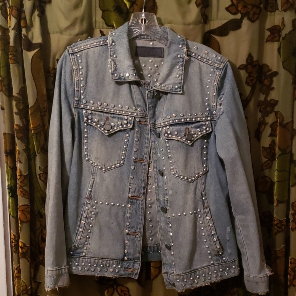 Studded, gemstone distressed Jean jacket